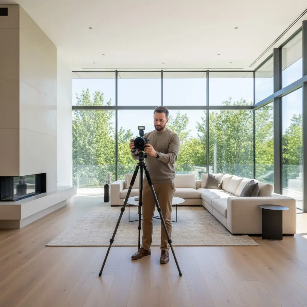 Real estate photographer capturing luxury home interior with professional wide-angle lens on tripod and natural lighting setup