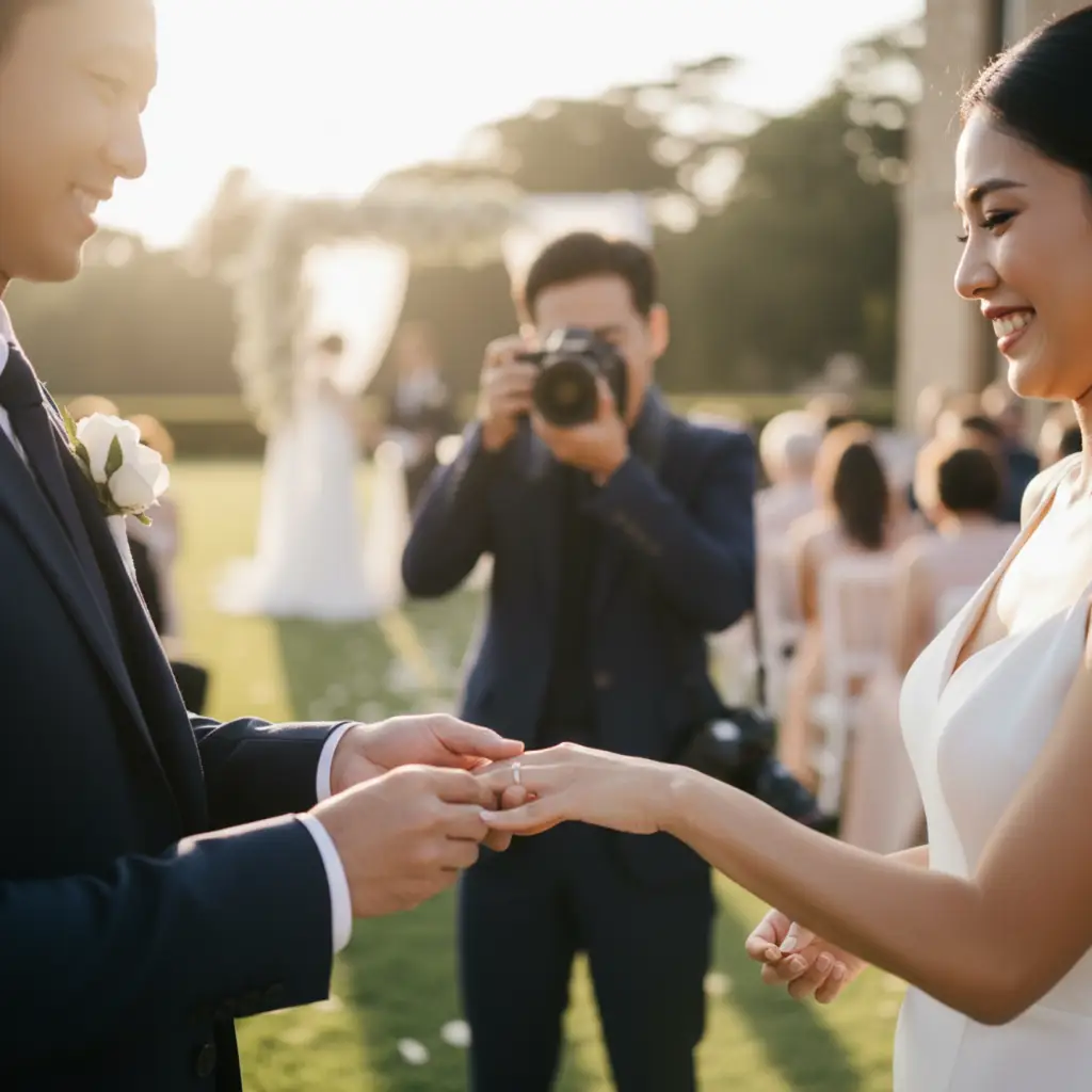 wedding photographer outdoor ceremony golden hour professional