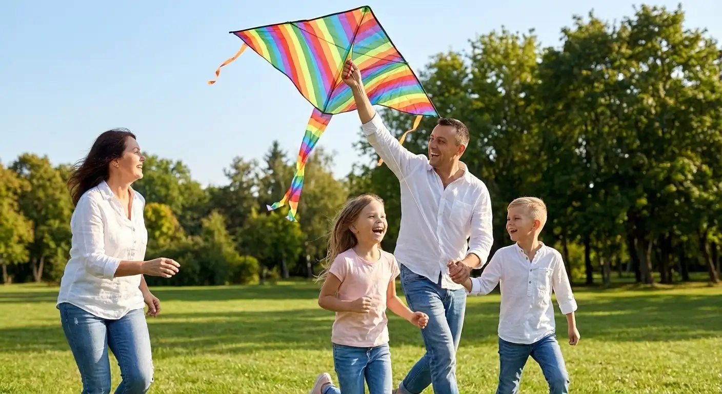 Kids running and flying kites in open park field while parents watch smiling
