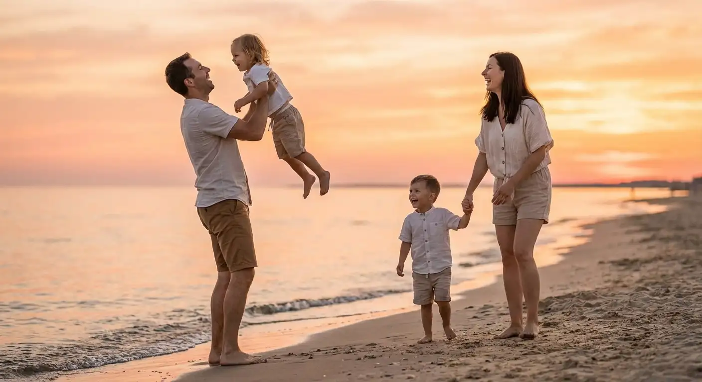 Family running and splashing in shallow beach waves during golden sunset