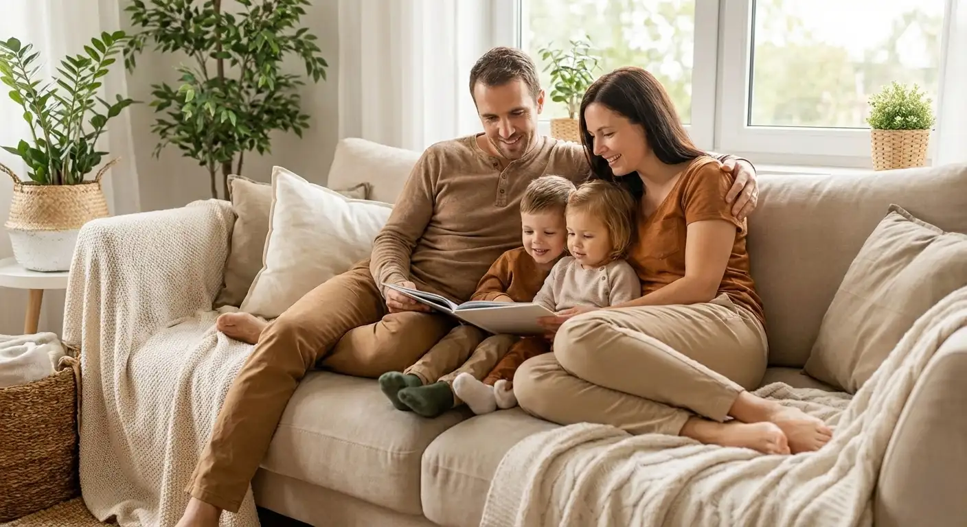 Family cuddled on couch reading books together in soft window light