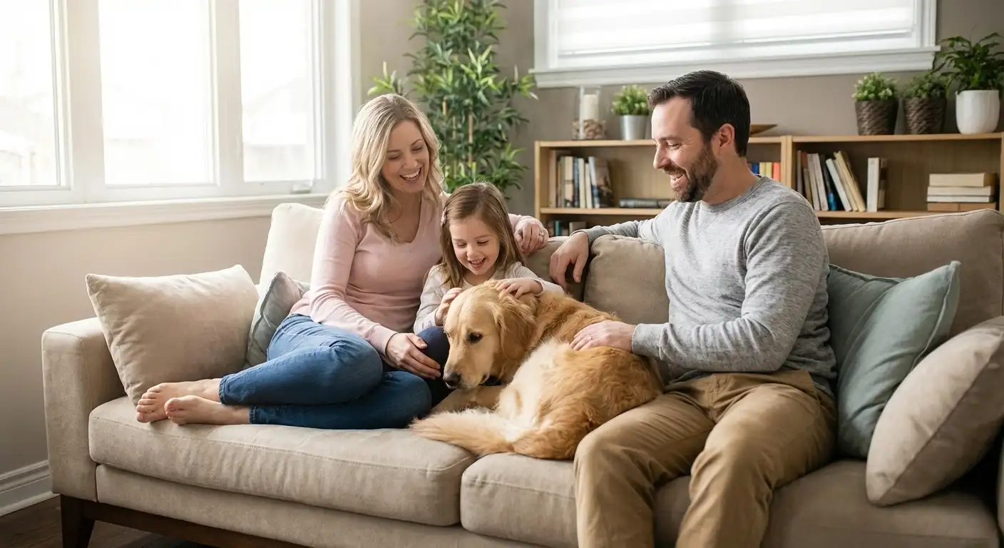 Family cuddled together on floor with their golden retriever in natural window light