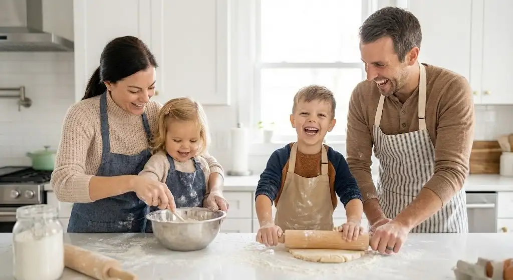 Family gathered in the kitchen, mixing ingredients and laughing together