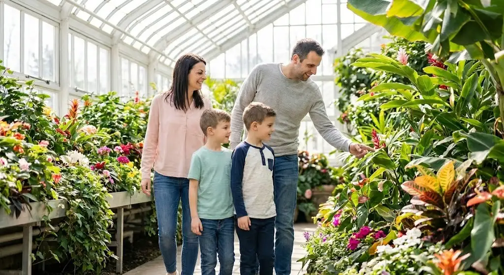 Family walking through a greenhouse surrounded by tropical plants and flowers