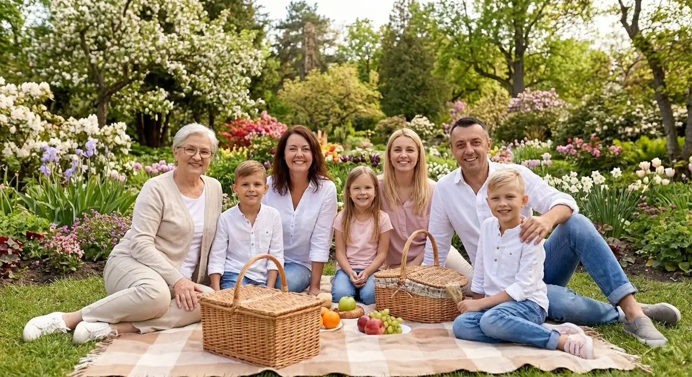 Three generations of family gathered together in blooming garden setting
