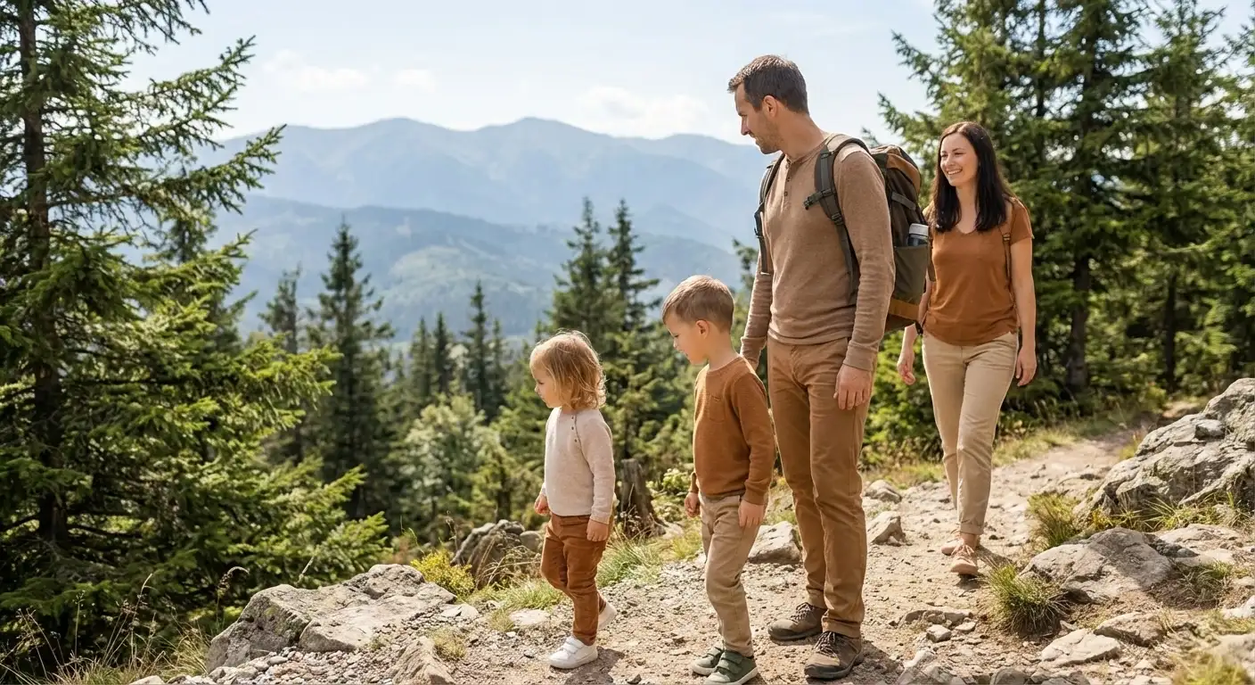 Family hiking together on mountain trail with scenic vista behind them
