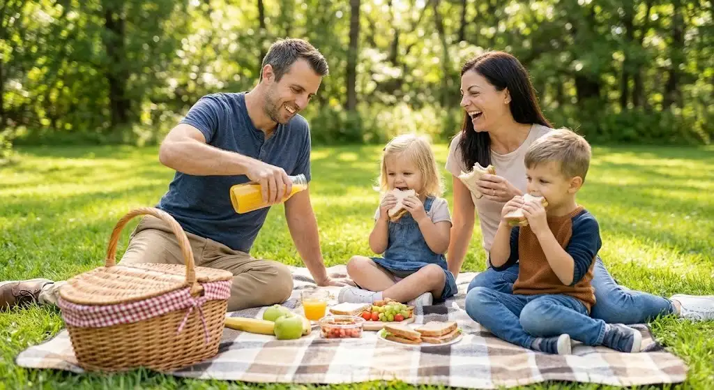 Family sitting on a checkered blanket, enjoying a picnic lunch together in a sunny park