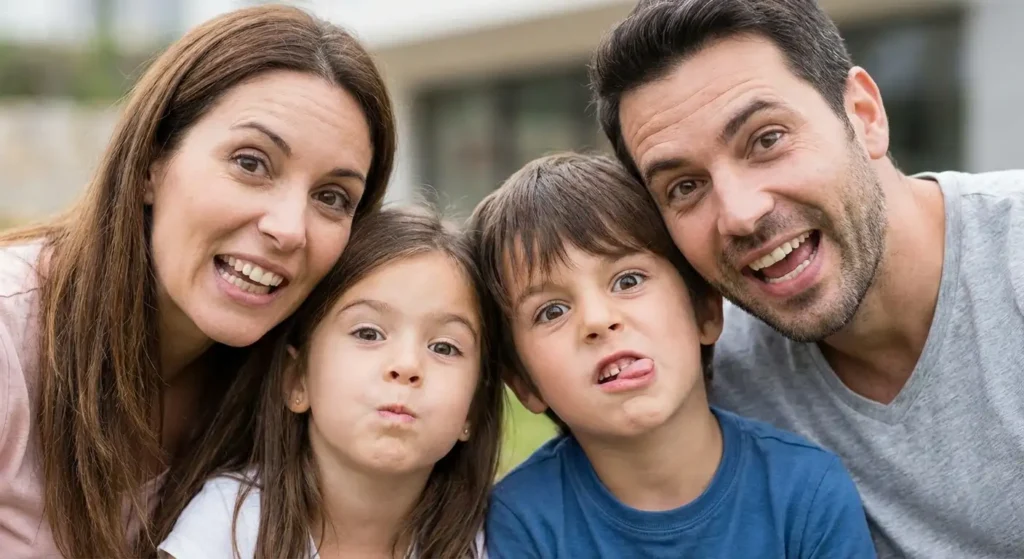 Family making silly faces together, some with tongues out, others with crossed eyes
