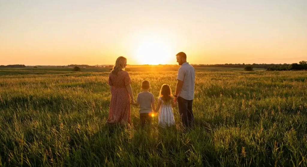 Family standing in golden wheat field during sunset with warm backlight