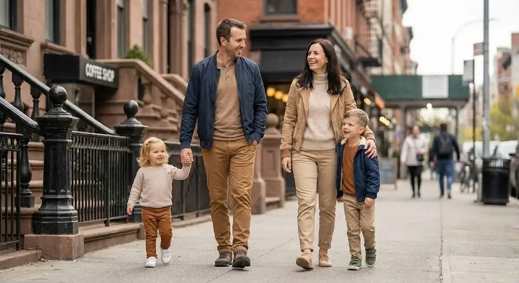 Family walking through downtown streets with city architecture as a backdrop