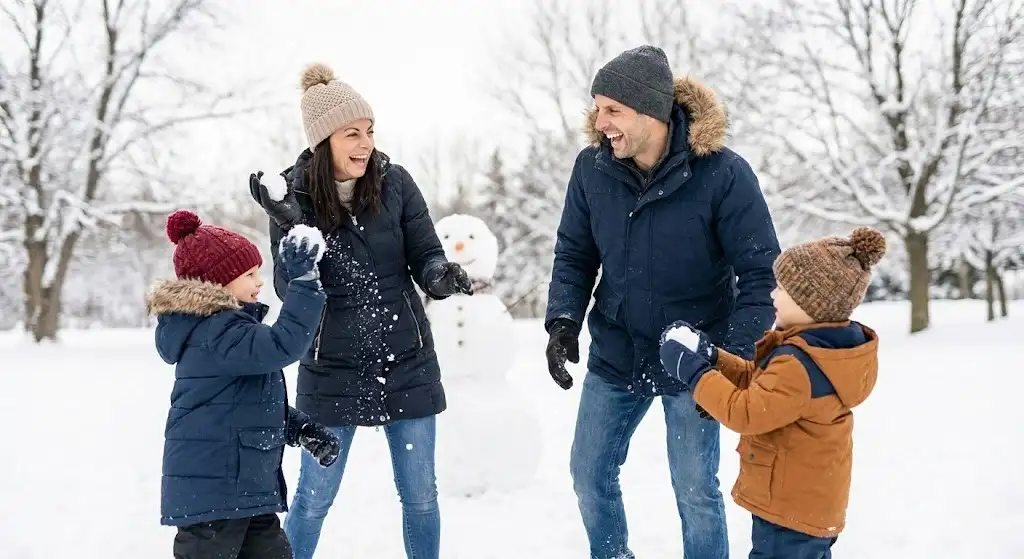 Family building a snowman together with snow falling gently around them